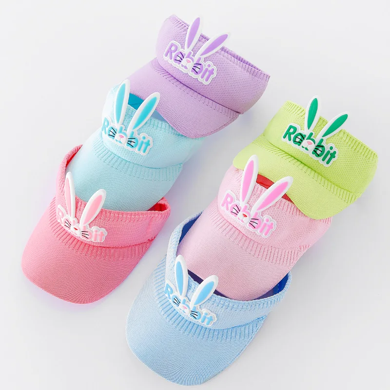 2024 Cheap Price Summer Kids Beach Sun Hat Cute Rabbit Empty Top Big Brim Hat Visor Cap
