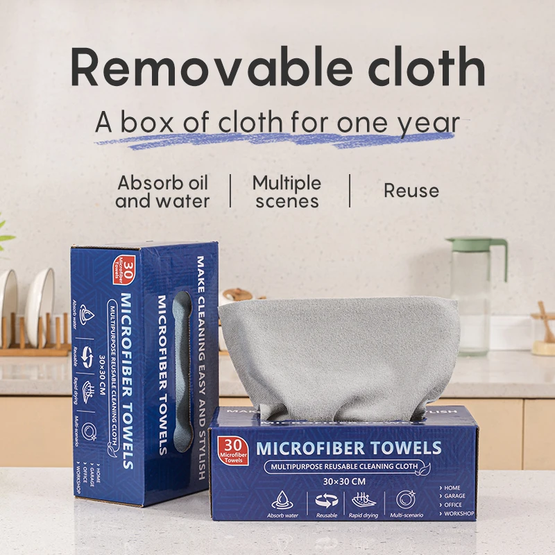 30*30cm Cross-Border 30/50Pc Box Strong Absorption Quick Dry Microfiber Cleaning Cloths Disposable Cleaning Rags Dispenser Box