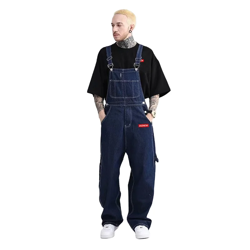 DiZNEW American overalls super fire navy blue dark blue jeans long loose youth sling jumpsuit men and women alike