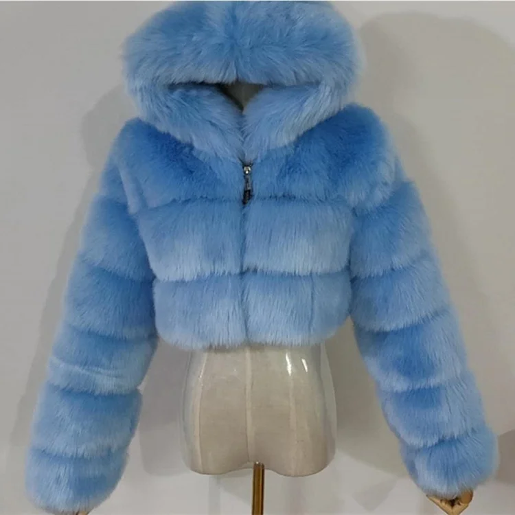 Wholesale Fashion Short Jacket Ladies Winter Coats Hood Faux Fur Coat for Women
