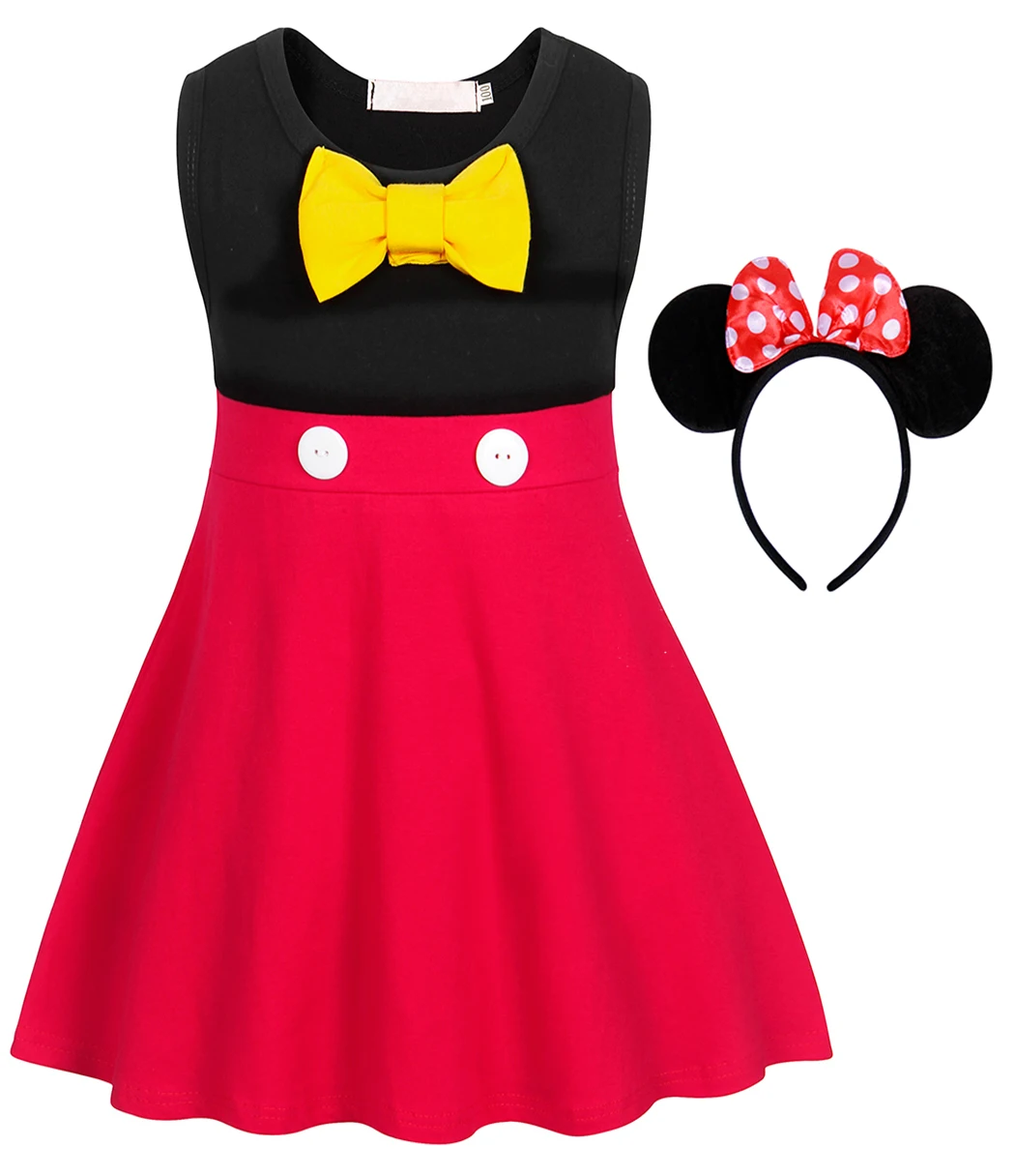 Summer Kids Clothes Online Girls Dresses Cute Mickey Style Sleeveless Girl Dress with Mouse Head Band