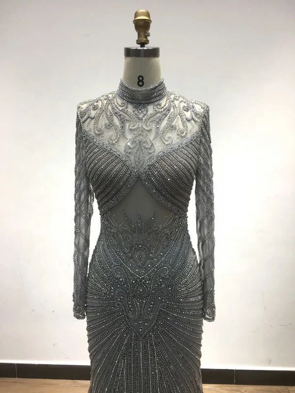 Luxury Dubai Arabic High Neck Couture Evening Dress 2023 Beaded Mermaid Women Muslim Long Sleeve Formal Party Gowns