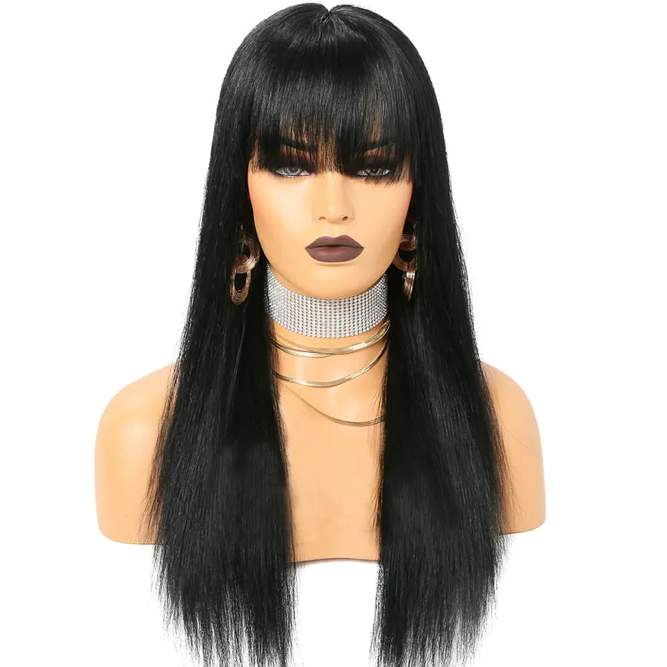 100% human virgin hair bang wig machine wig with fringe straight bob wig with bang