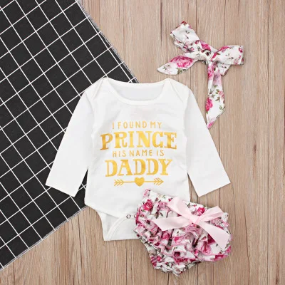 
Toddlers Girls Clothing Floral Baby Autumn Fashion Cotton Long Sleeve Prince Romper+Shorts+Headband Girls Daddy Clothes Suits 