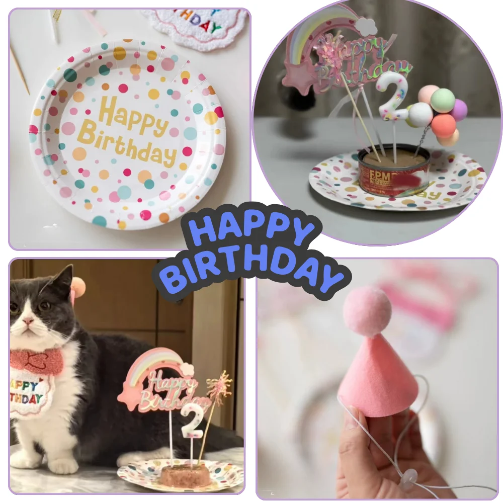 8 Packs Pet Birthday Bandana Set Cat Birthday Party Decoration With Cupcake Toppers Plates Projector
