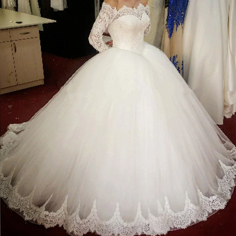 New winter off-shoulder long-sleeved lace puffy yarn women wedding gowns dress bridal luxury