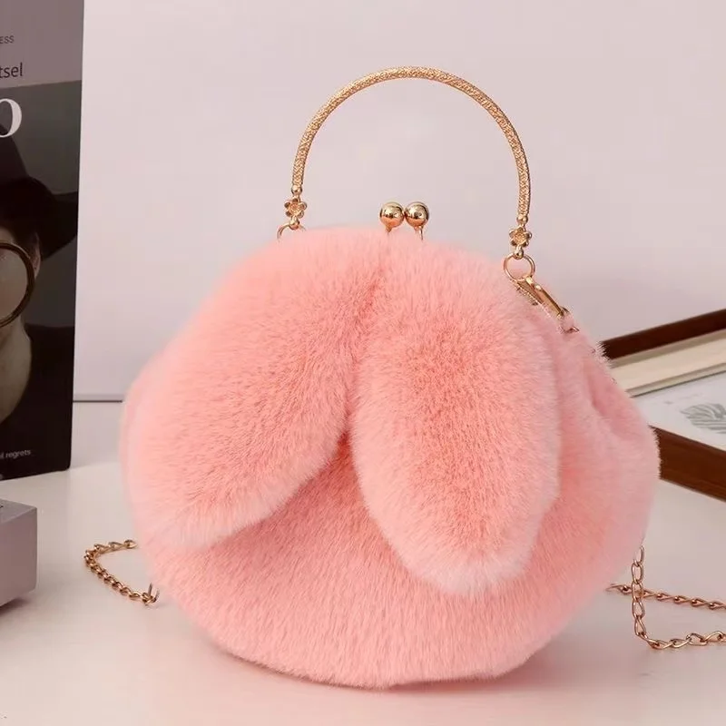 New 2024 Rabbit Bags faux fur plush bags new chain bag Joker cute rabbit ear handbags cute pink beauty