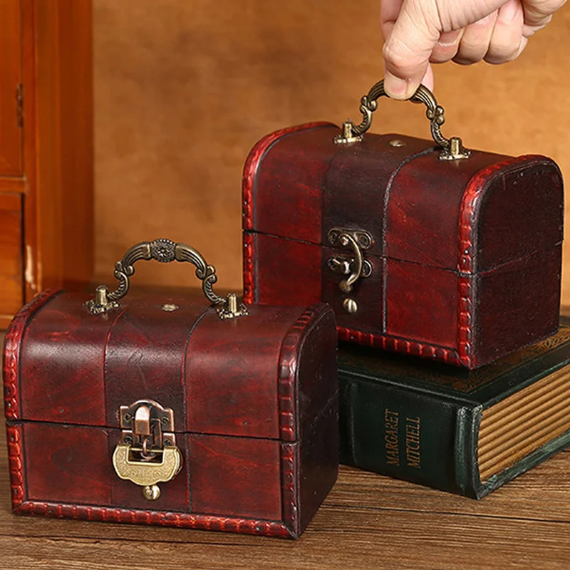 Antique Vintage Wooden Box  Small Metal Lock Jewelry Treasure Chest Handmade Retro Wood Organizer