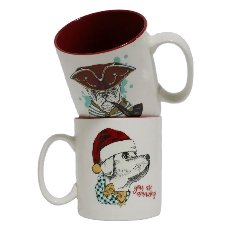 
Eco-friendly Large Straight Shape Stoneware Ceramic Water Cup Wholesale White And Red Glazed Ceramic Mug With Animal Logos 
