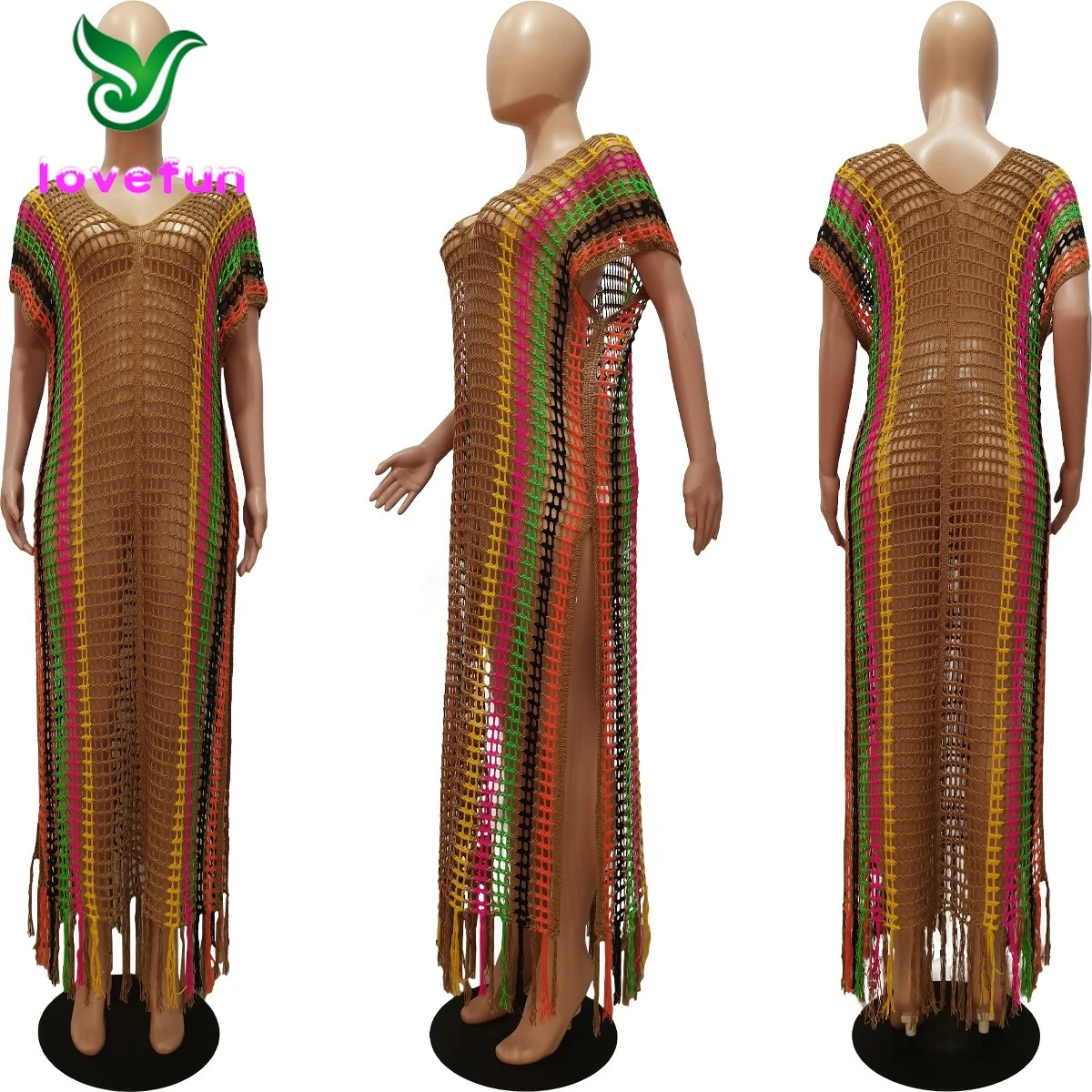 causal sleeveless knitted maxi tassel dress summer sexy color patchwork hollow out beach crochet long dresses