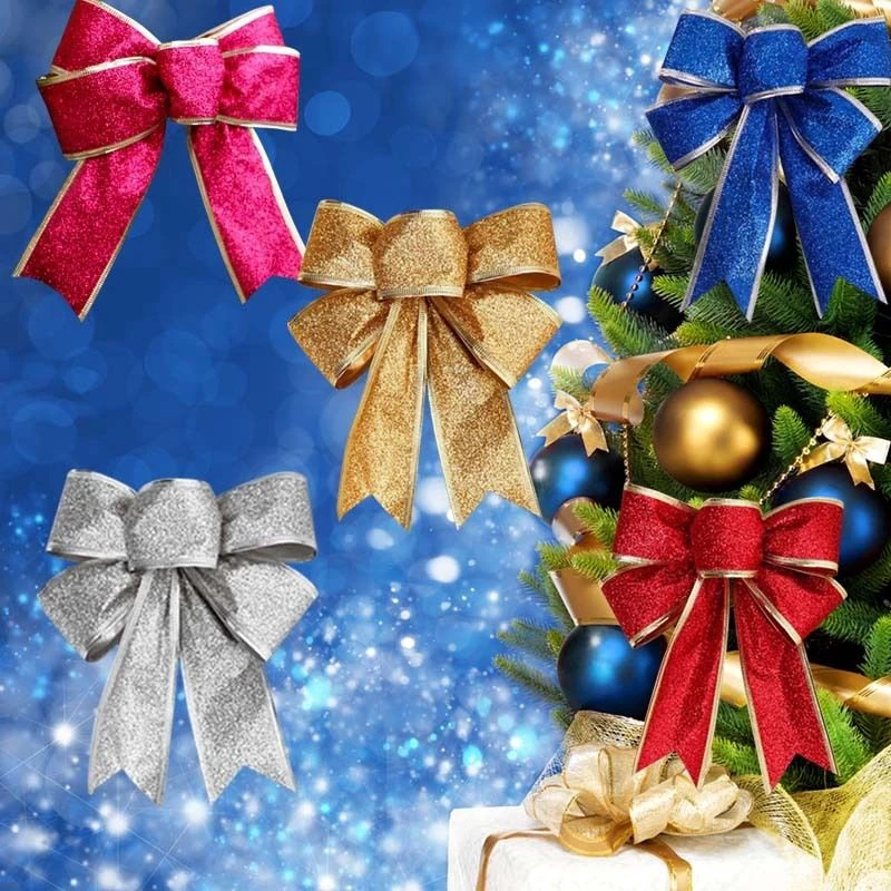 Bows Ribbon Bowknot Glitter Christmas Bow Christmas Tree Party Decor For Home rattan christmas tree decorations