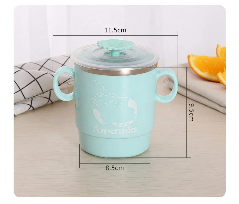 
Kids Popular Cute Stainless Steel plastic water bottle cup with two Handles and airtight lids for children training cup 