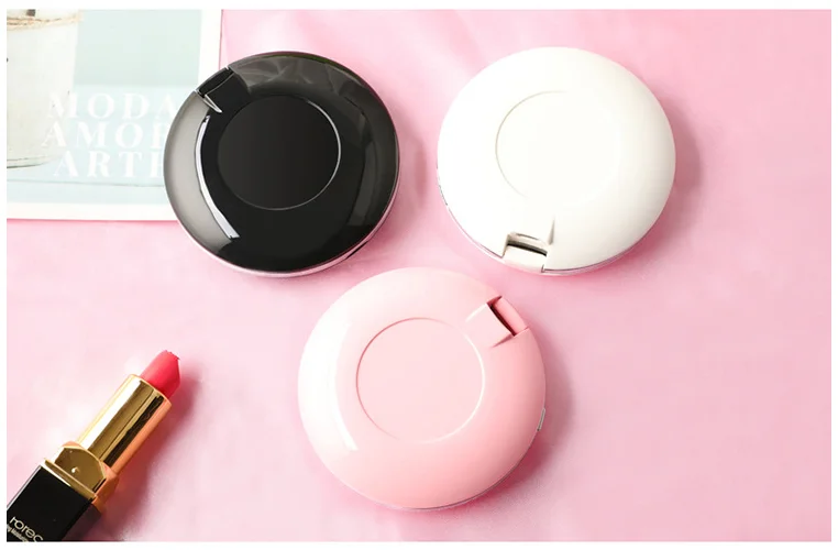 Double-sided LED Lights Small Cosmetic Make up Pocket Mirror USB Charger Color Box Customer Logo Custom Designs Round 75*75*20mm