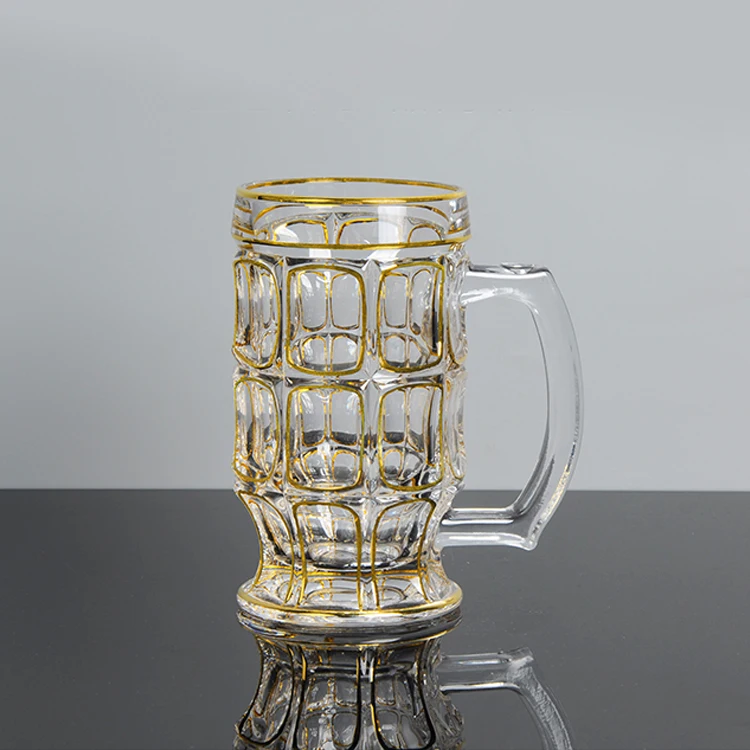 
NEW DESIGNED GLASS BEER CUP WITH HANDLE, IN GOLDEN LINE, 410ML,D79 H150 