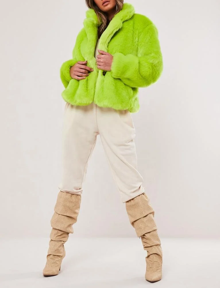 Custom color women thick winter jacket warm fleece neon green faux fur coat