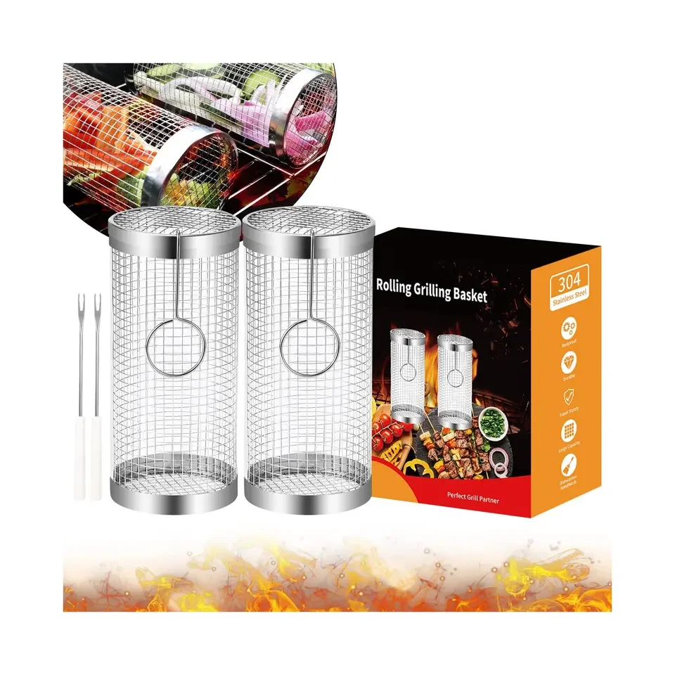 Stainless Steel Wire Mesh Rolling Grilling Baskets Round Tube Cylinder Barbeque BBQ Roller