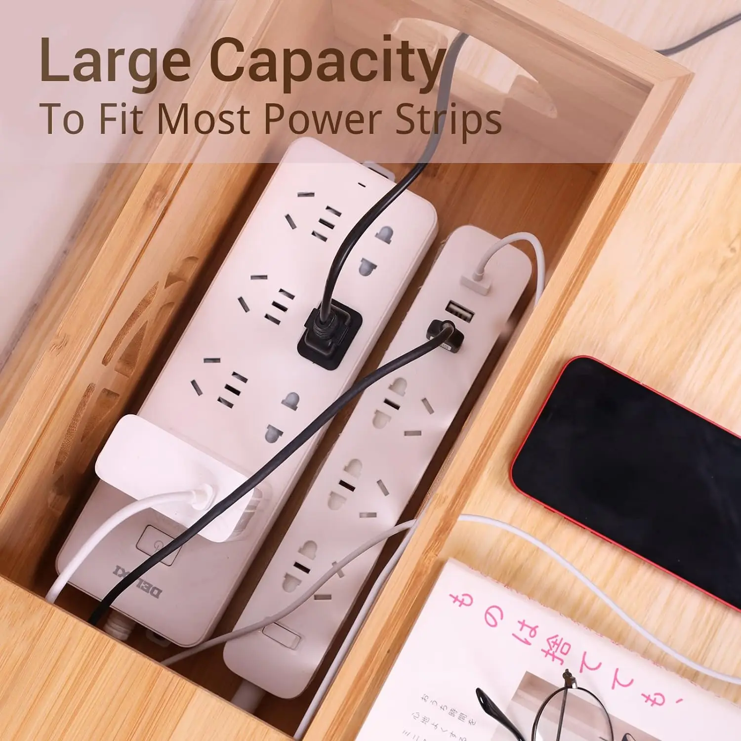 Extra Large Cable Management Box with Lid, Bamboo Cable Box for Cords, Power Strips or Surge Protectors