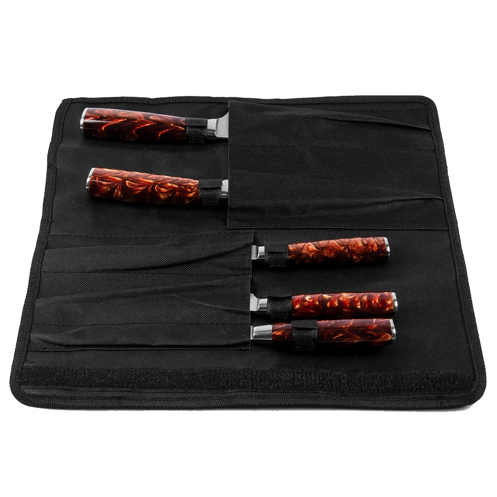 Portable Black Master Chef Outdoor Cooking 5pcs Roll Knife Holder Bag