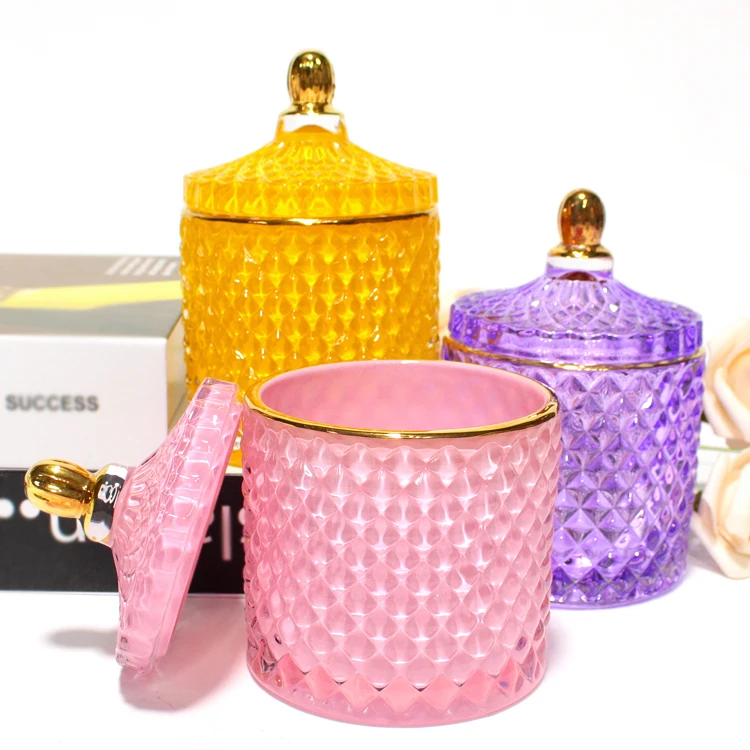 FENGJUN iridescent cylinder embossed Geo cut colored glass candle jar