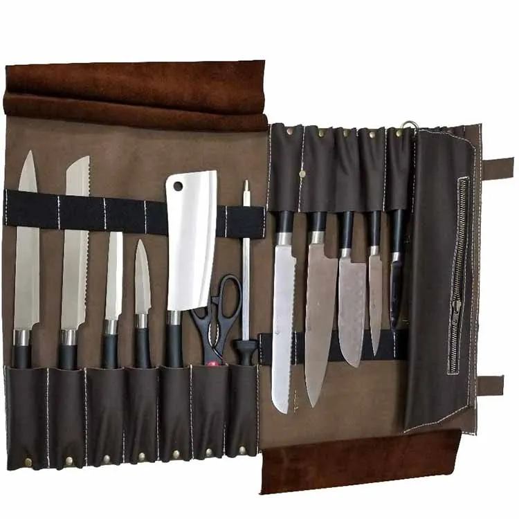 Genuine Leather Knife Roll  Storage Knife Bag Handles Carry Case Kitchen Travel Bag Knives Holder