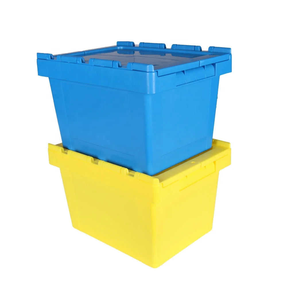 Warehouse Plastic Moving Crate Stackable Storage Attached Lid Containers Plastic Tote Turnover Box for transport and delivery