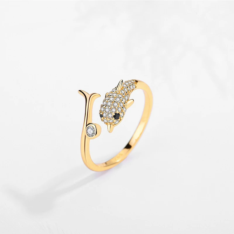 Personal customization OEM&ODM gold plated 3A zircon dolphin animal 925 silver ring fashion jewelry