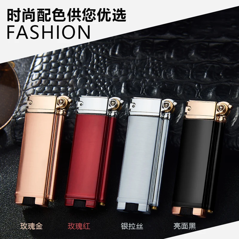 F097 focus fashion grinding wheel windproof gas refillable multi-color metal lighter grinder with blue flame