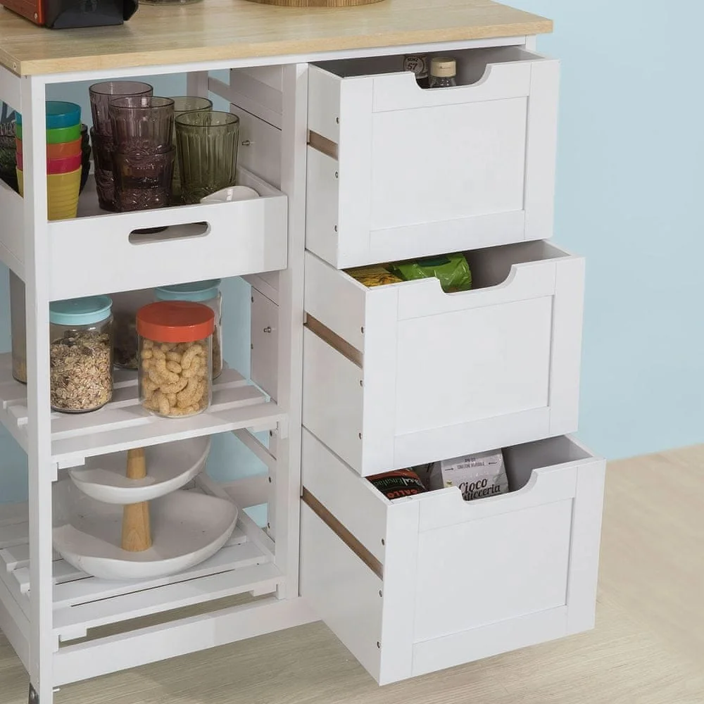 Mobile 3 tier dining room furniture wood serving kitchen trolley island cart with drawer