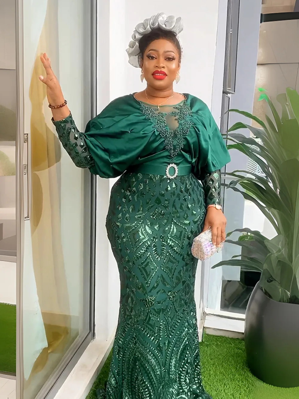 Dubai Muslim Abaya African Dashiki Dress Plus Size Mesh Lace Ruffle Long Sleeve Beaded Sequins Ladies Wedding Party Gown Dress