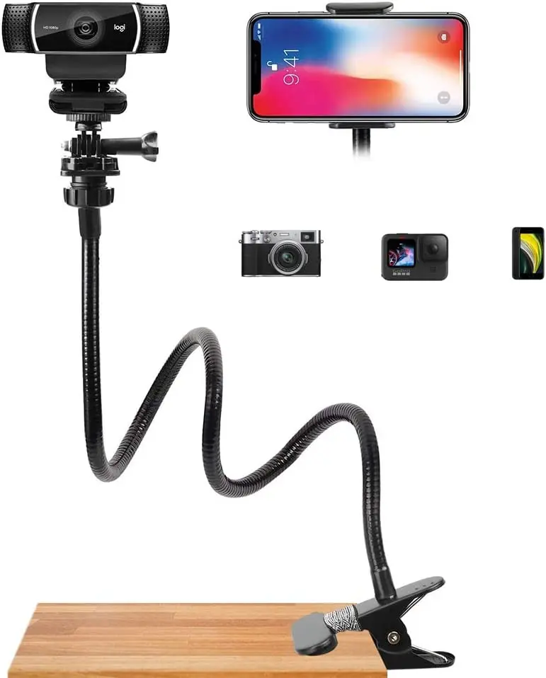 Webcam Stand Mount Phone Camera Desk Clamp Holder 27 Inch Flexible Gooseneck Arm Mount Stand for Phone Hero Webcam