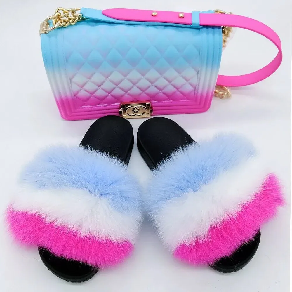 PVC sole faux fur slippers jelly purse fashion women ladies shoe and bag set