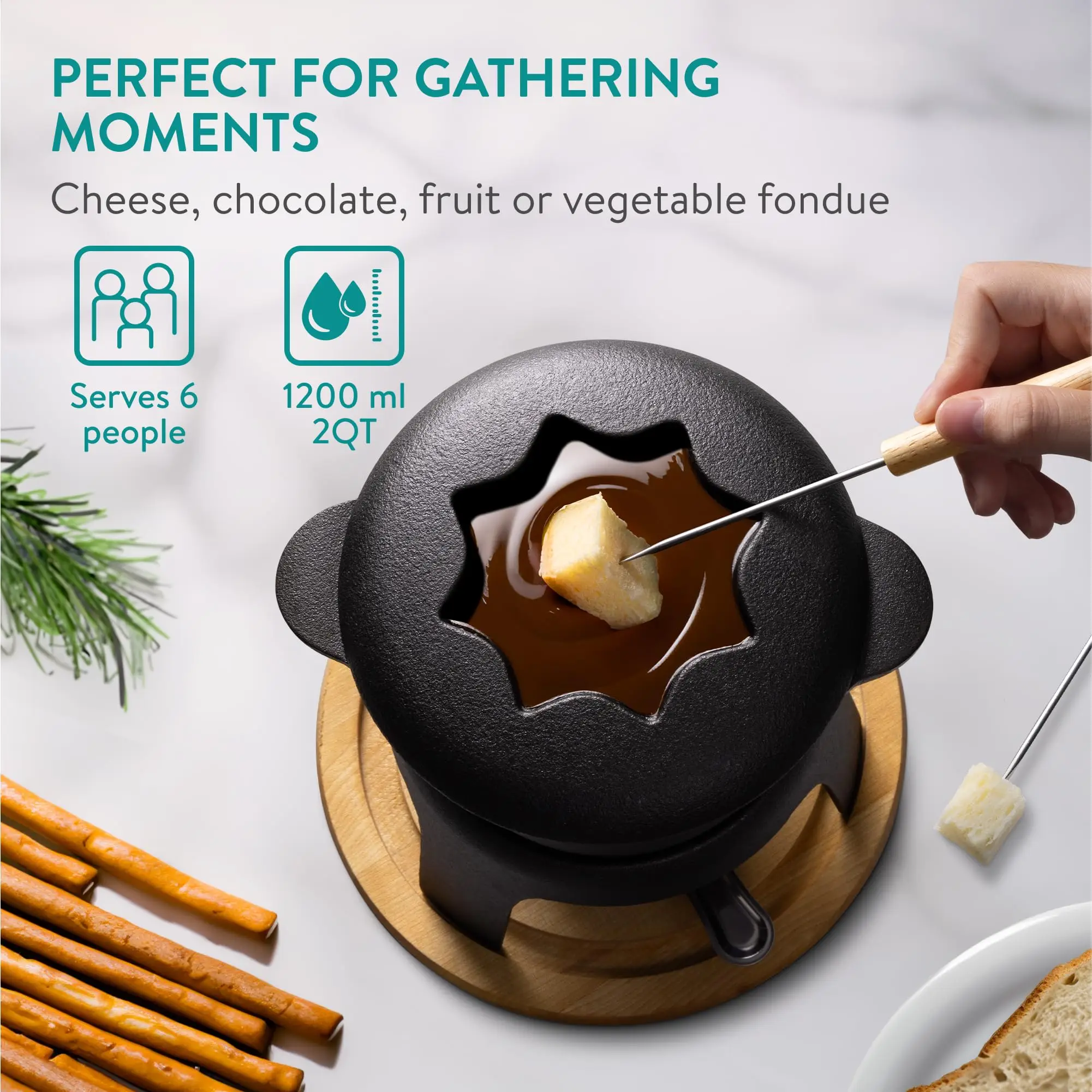 Cheese Fondue Set for 6 People - 2qt Cast Iron Fondue Sets with 6 Colour Coded Forks for Cheese  Chocolate or Meat