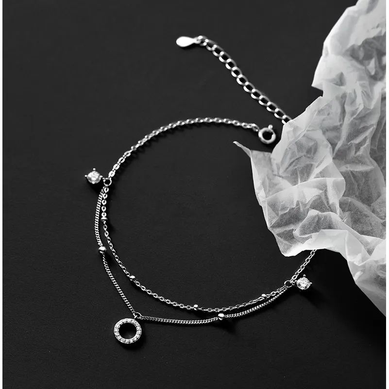 925 Real Sterling Silver Cubic Zirconia Anklet Bracelet 18K Gold Plated Chain Round Pendant Anklets Foot Jewelry for Women