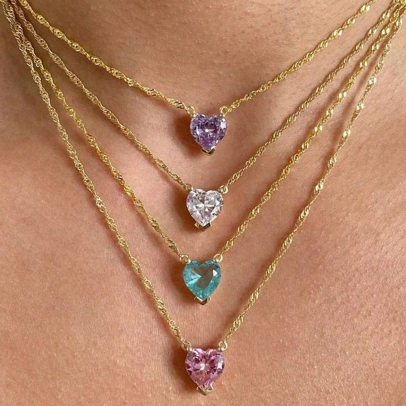 Gold Plated Big Heart Pendant 10mm white pink blue purple Zircon Rainbow cz Wedding Pendant Necklace for women Bridal jewelry