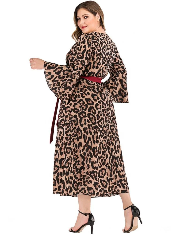 
Spring Women Loose Long Sleeve V Neck Red Tie Lace Up Sexy Plus Size Leopard Maxi Dress 