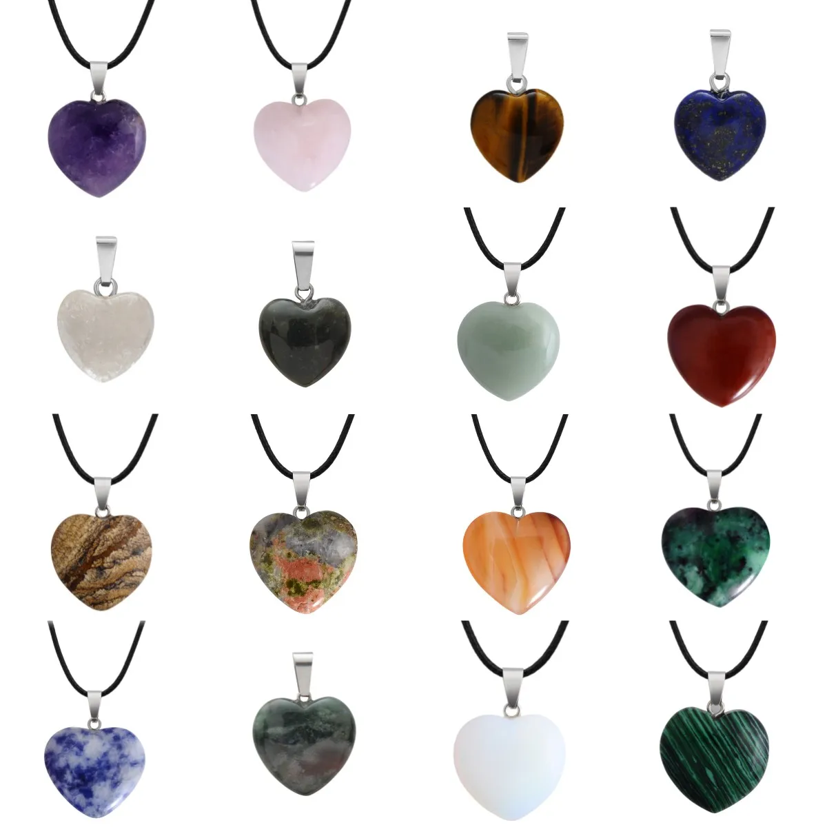 47 Multi Color Healing Chakra Beads Gemstone Opal Tiger Eye Crystal Quartz Gemstone Love Heart Shape Stone Pendant Necklace