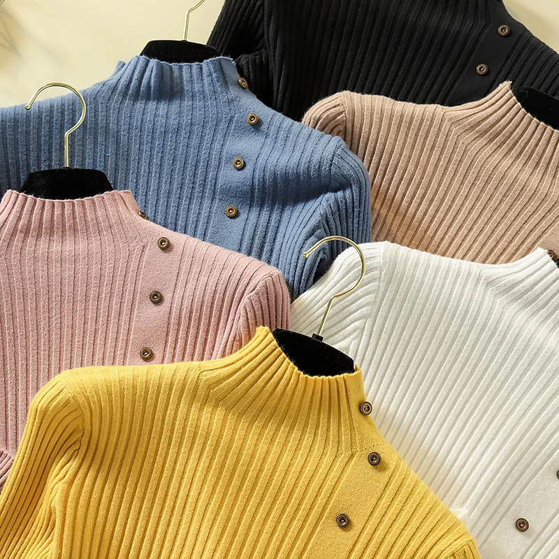 K105 Women Knitted Slim Sweaters Solid Knitted Female Cotton Soft Elastic Color Pullovers Button Full Sleeve Turtleneck