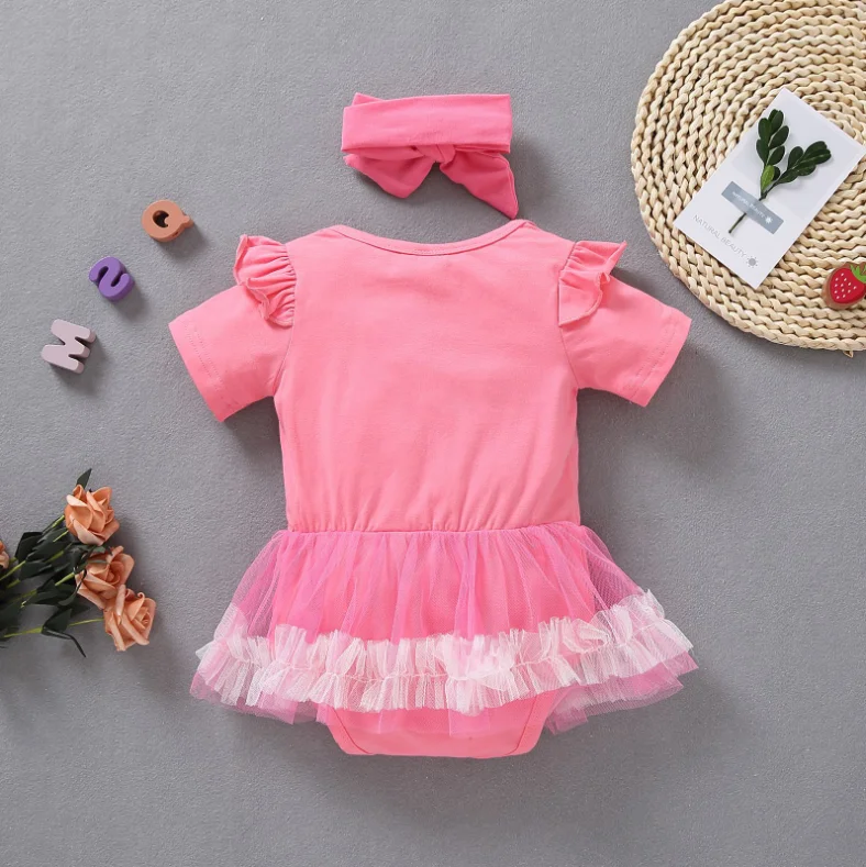 Wholesale Baby short sleeve for summer letter printing tulle skirt Baby girls Romper