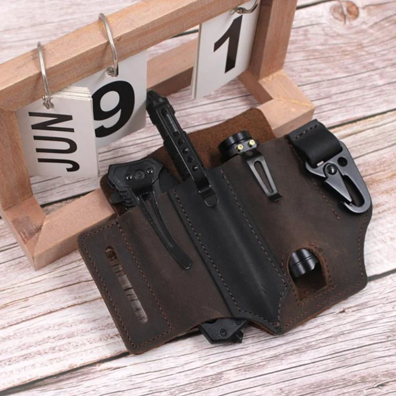 Multitool Leather Sheath EDC Pocket Organizer With Key Holder Outdoor Camping Tool Holster for Belt and Flashlight Father Gift