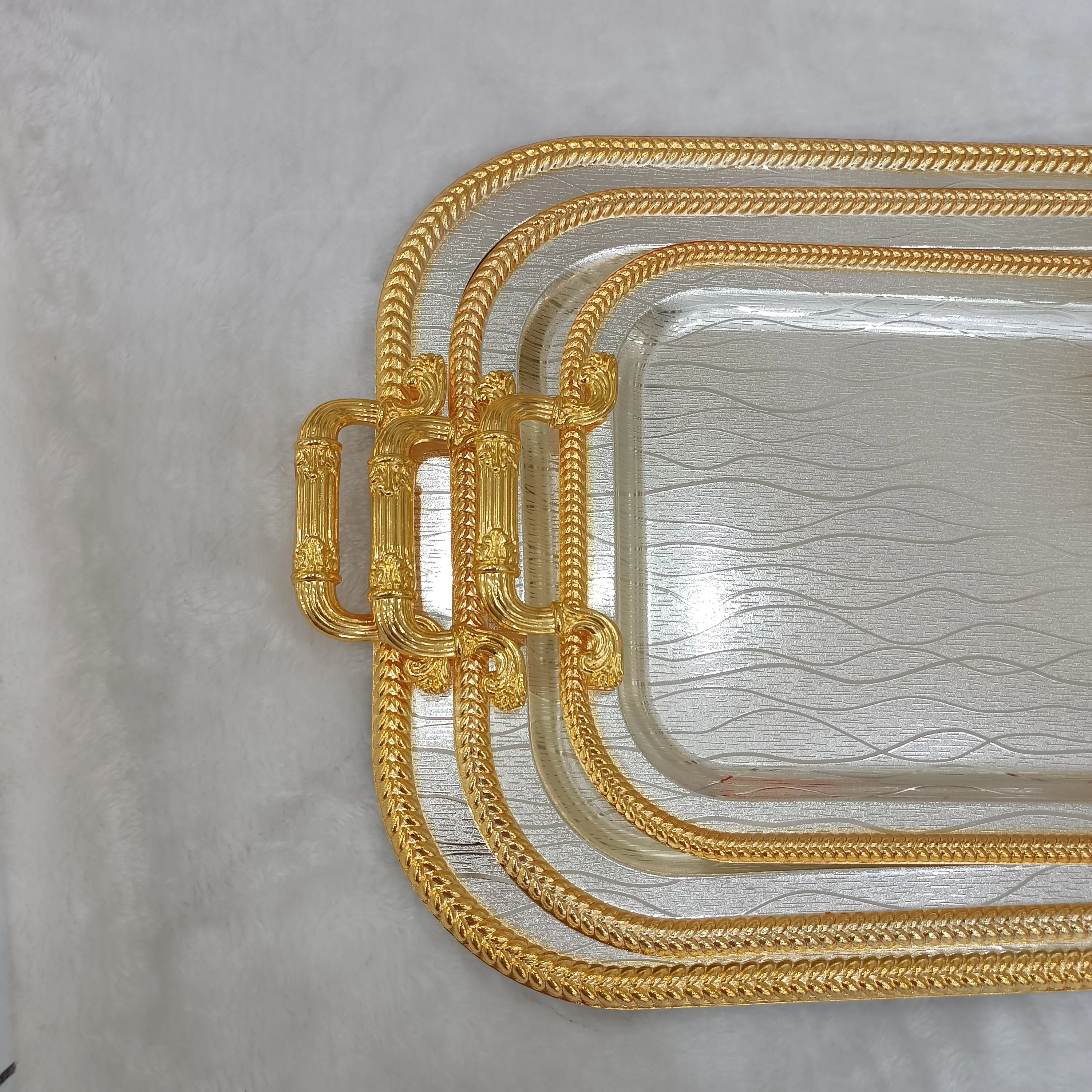 2024 Ramada Oval 3pcs Stainless Steel Metal Plateau Tray Set Tea Serving Arabic Middle East Mirror Gold Trays Set