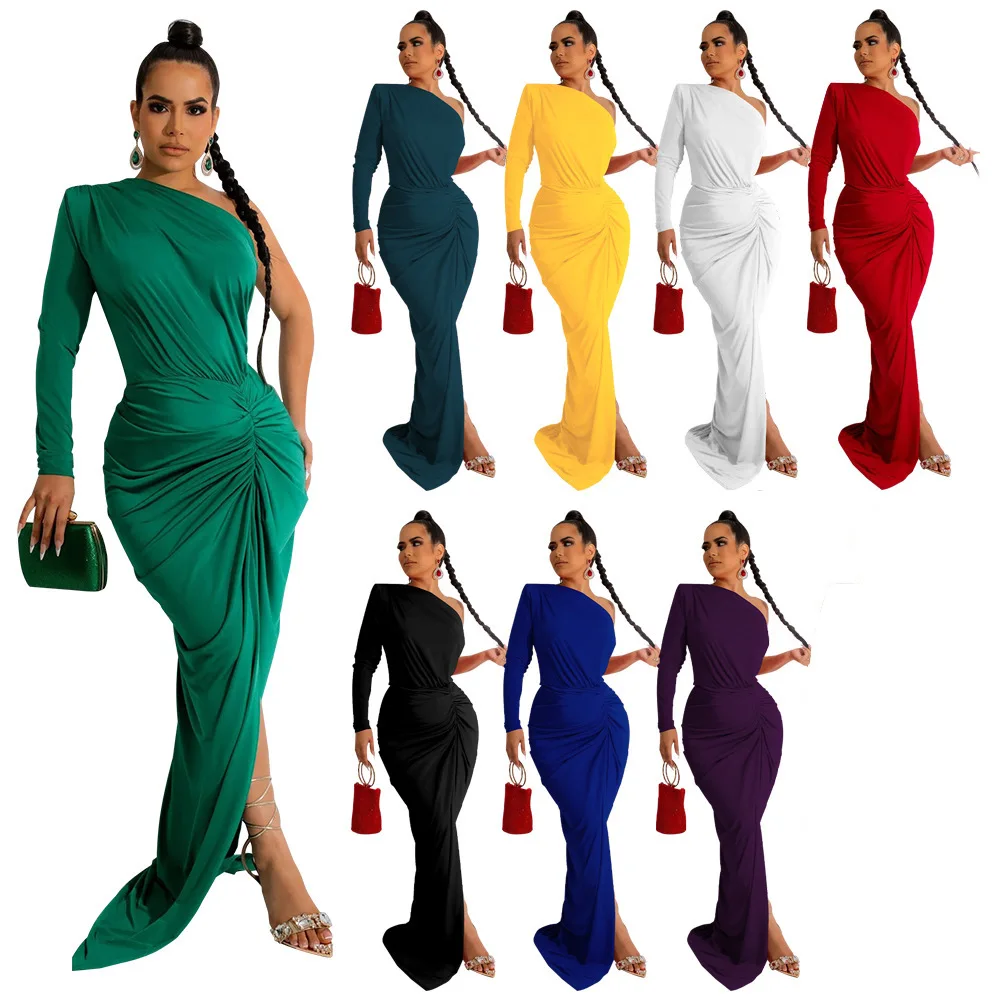 Однотонные элегантные вечерние платья на одно плечо с оборками для женщин