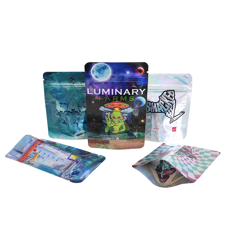 Custom Printed 3.5g 7g 14g 28g Edibles Packaging Holographic Resealable Smell Proof Stand Up Pouch ZipLock Mylar Bags