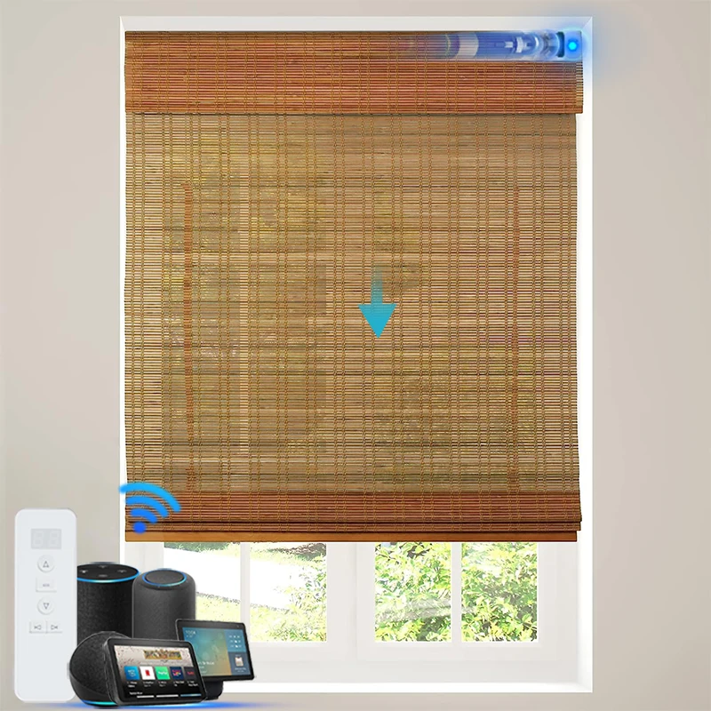Cordless Automatic Roll Up Window Shades Electric bamboo roller blinds  Motorized Smart Bamboo Roman Shades