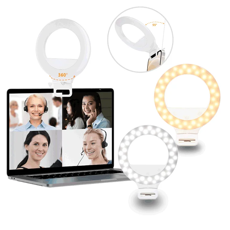 Поворот на 360 градусов, сенсорное управление, плавная регулировка 3500K 8500K, теплый белый свет, 2 м, Usb-шнур, шарнирный зажим, кольцо для селфи
