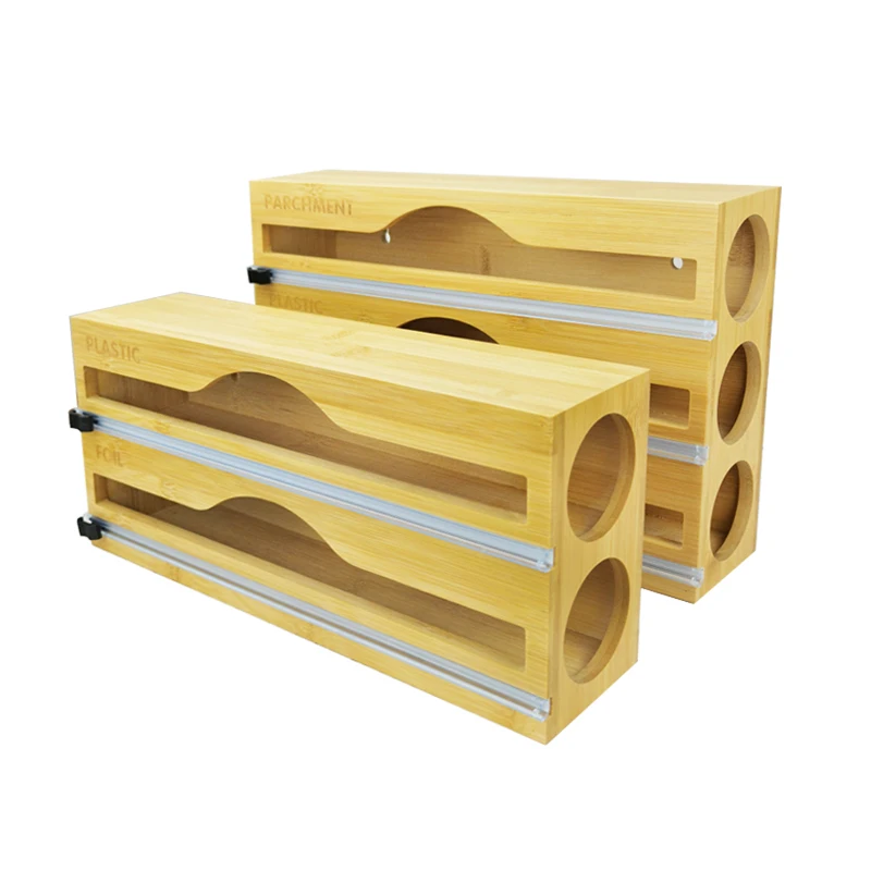 New Bamboo Cling Wrap Dispenser with Cutter Food Wrap Dispenser Storage Box for shrink Foil Plastic Dispense Wrap