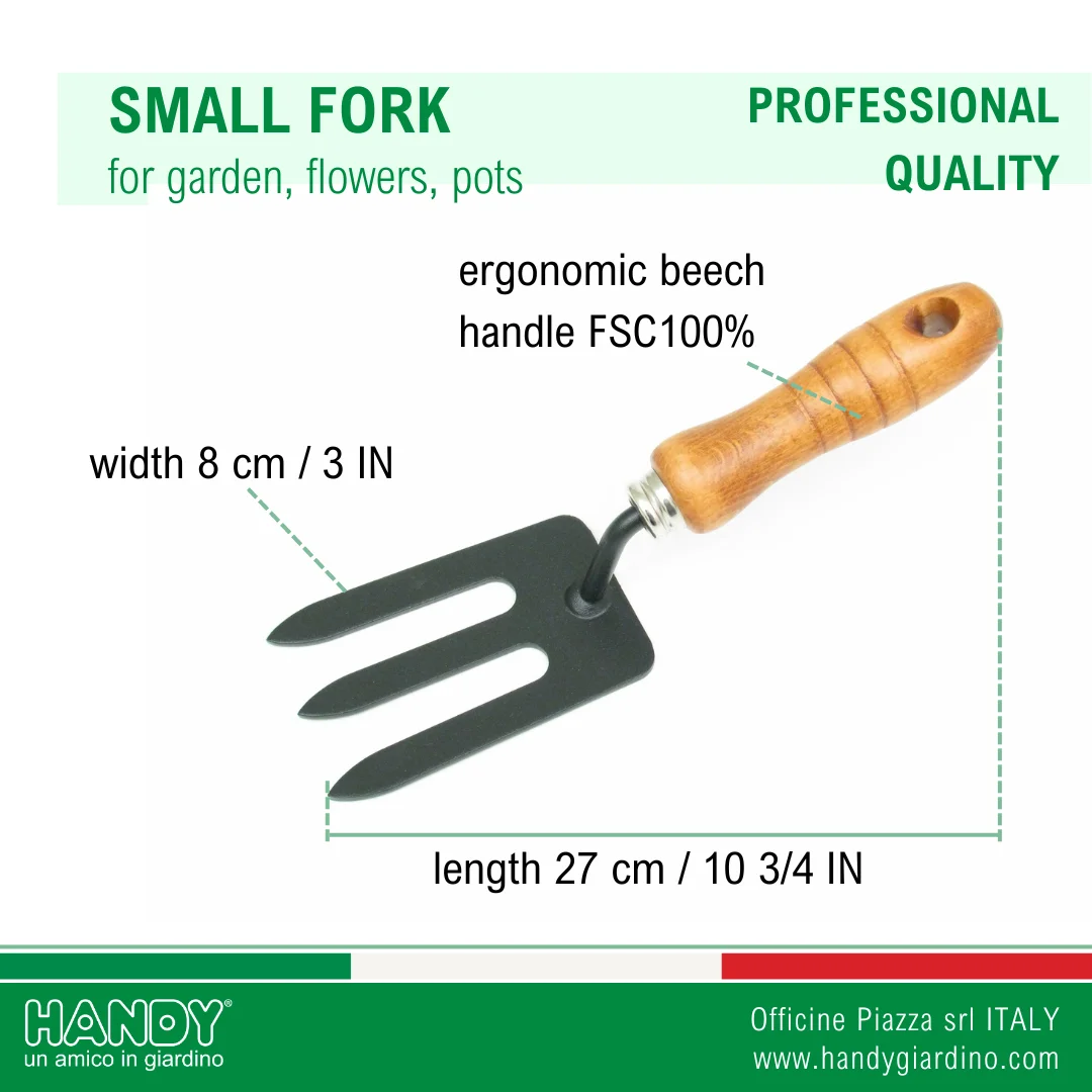 Best quality garden hand tool small fork 3 tines in steel and certificated wood handle for gardening
