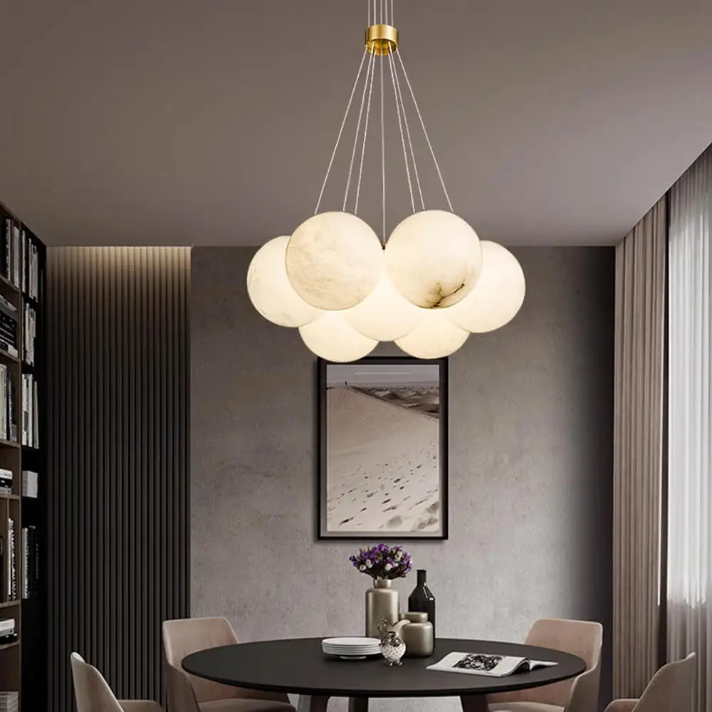 16 Inch Wide 5 Globes Mini Alabaster Ball Hanging Chandelier Nordic Dining Room Kitchen Brass Pendant Light