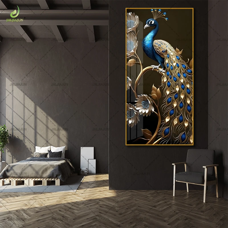 Luxury Decoration HD Printed Canvas Painting Peacock Crystal Porcelain Home Decoration and LED Mural Painting