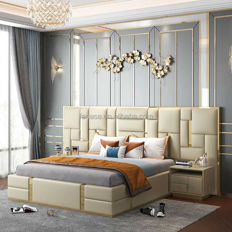 Modern Luxury King Size Bedroom Furniture Frame Royal Large Headboard Wood with Leather GENUINE Leather Bed Room Soft Bed 1 Set