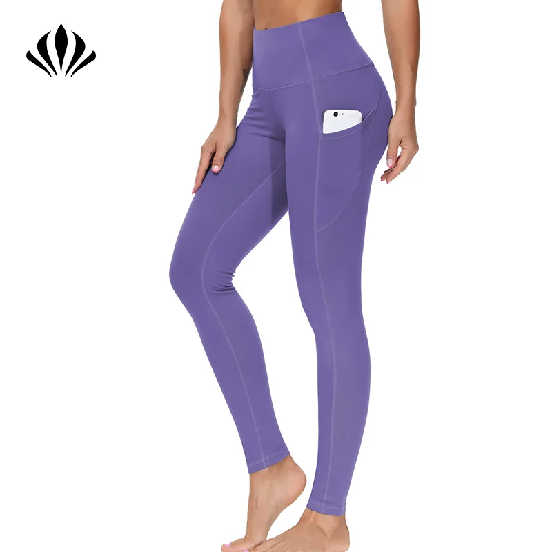 Customized Solid Long Wide Waistband Skin Tight Sports With Pockets Yoga Wear Pants Leggings